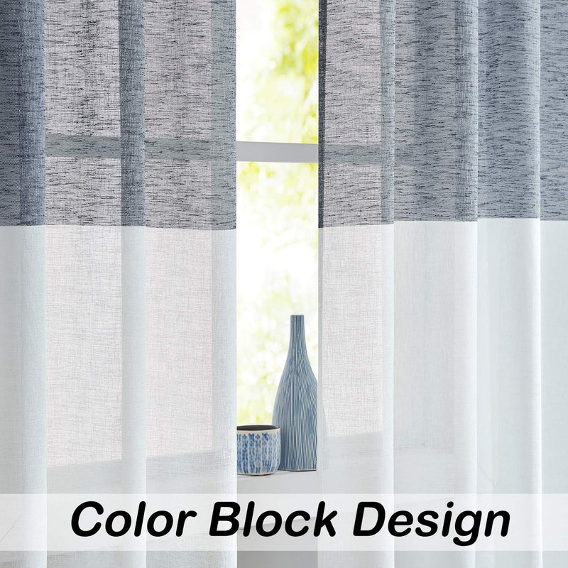 Central Park Navy and White Stripe Sheer Color Block Window Curtain Panel Linen Drape Treatment for Bedroom Living Room Farmhouse 84 inches Long with Rod Pocket, 2 Panel Rustic Living Panels - Image 3
